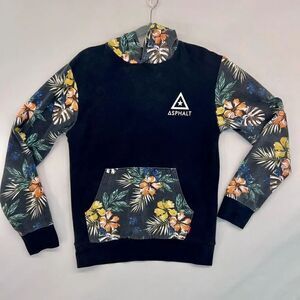 Asphalt Men's Black Floral Long Sleeve Kangaroo‎ Pocket Pullover Hoodie Small